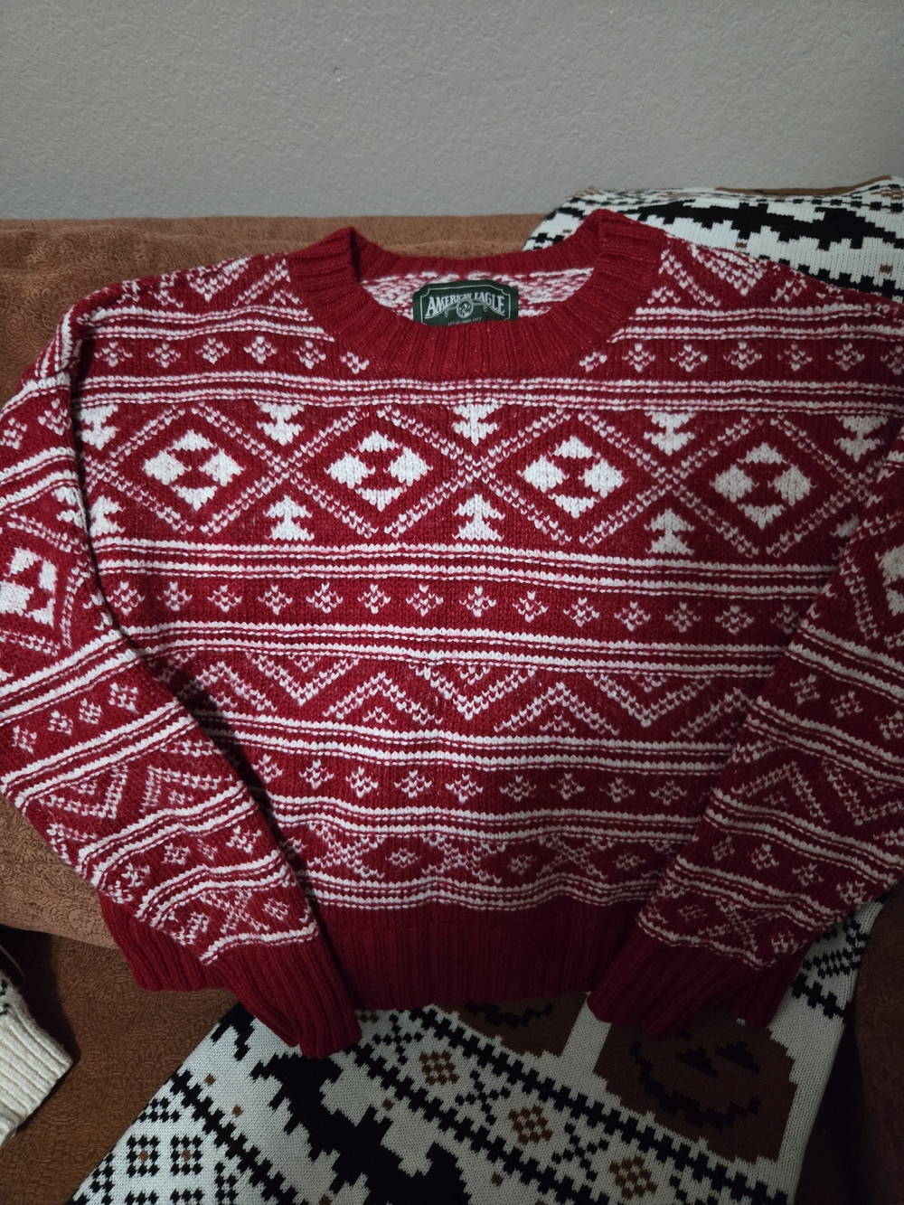 American Eagle Outfitters Red & White Fair Isle Crewneck Sweater